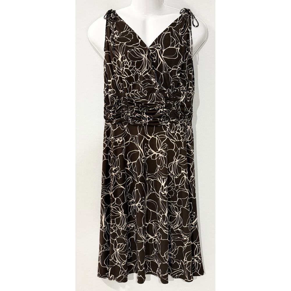 Dressbarn Women Dress Size 14W Floral Brown Y2K Sleeveless Ruched Midi Stretchy